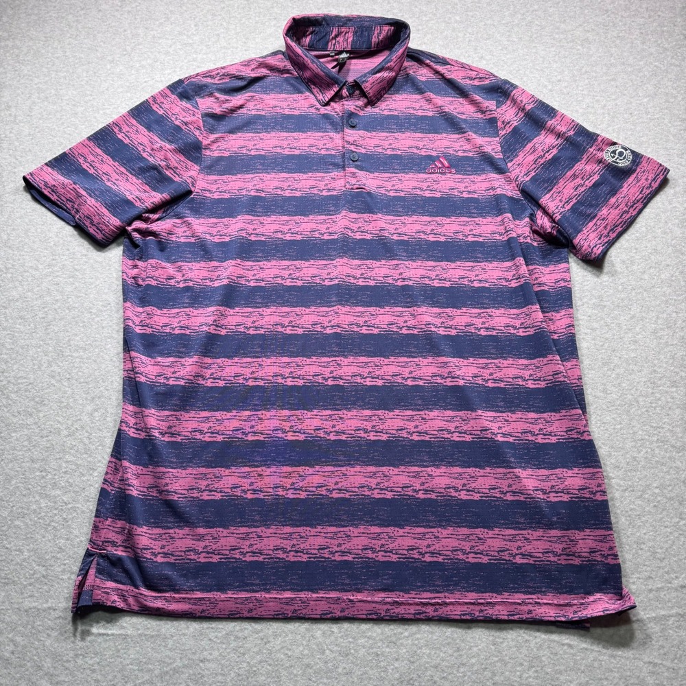 Adidas Mens XL Golf Polo Shirt Purple Pink Striped Devils Ridge Golf Club Short